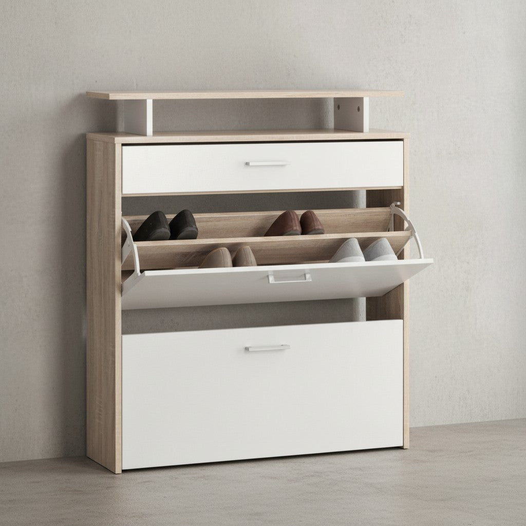 Schuhkipper mit Schublade - Sonoma Eiche_ 4 Fächer_ Großzügige Ablagefläche_ Formschöne Griffe_ MDF Holz_ KADIMA DESIGN_Größe_ 80x24x95 cm_