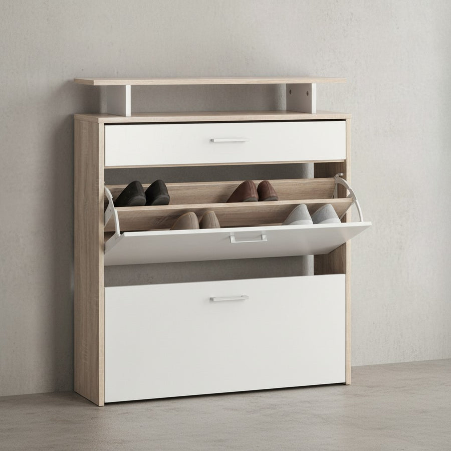 Schuhkipper mit Schublade - Sonoma Eiche_ 4 Fächer_ Großzügige Ablagefläche_ Formschöne Griffe_ MDF Holz_ KADIMA DESIGN_Größe_ 80x24x95 cm_