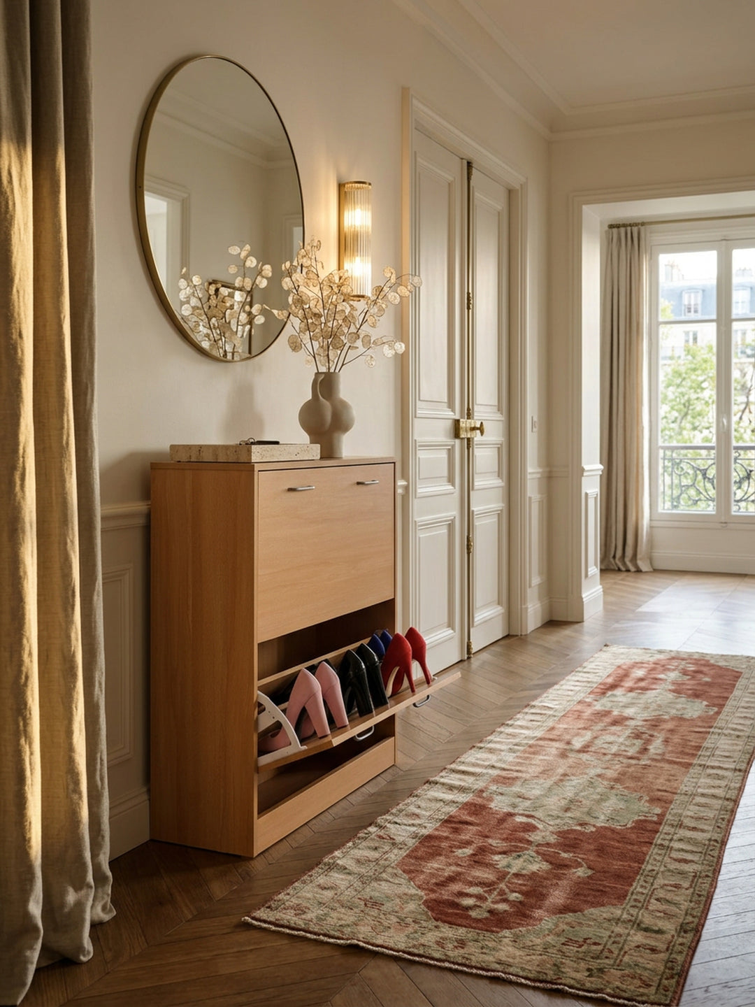 Schuhregal_ 20 Paar Schuhe_ Braun_ 4 Schuhfächer_ einfacher Aufbau_ Spanplatte und Kunststoff - KADIMA DESIGN_Farbe_ Beige_ Größe_ 75x24x87 cm_