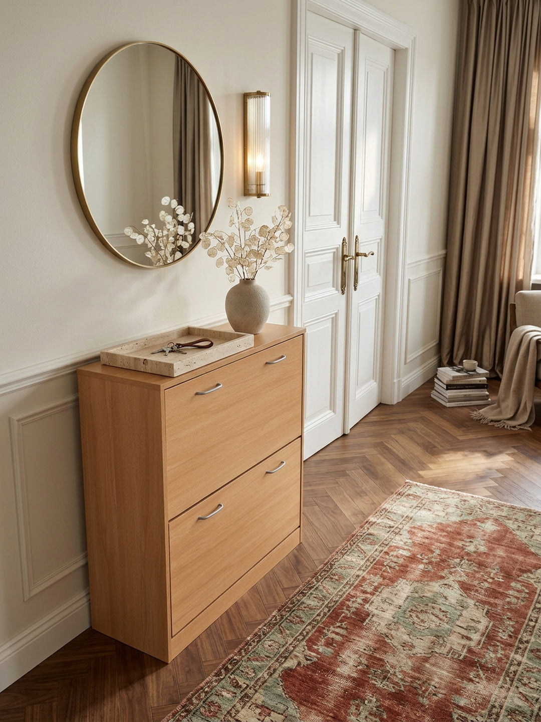 Schuhregal_ 20 Paar Schuhe_ Braun_ 4 Schuhfächer_ einfacher Aufbau_ Spanplatte und Kunststoff - KADIMA DESIGN_Farbe_ Beige_ Größe_ 75x24x87 cm_