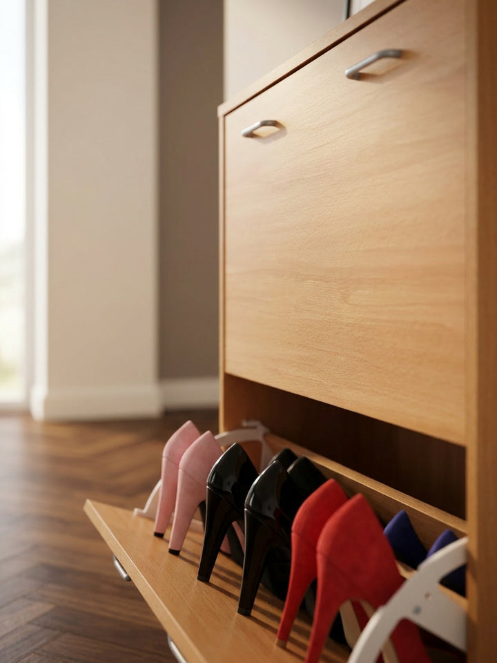 Schuhregal_ 20 Paar Schuhe_ Braun_ 4 Schuhfächer_ einfacher Aufbau_ Spanplatte und Kunststoff - KADIMA DESIGN_Farbe_ Beige_ Größe_ 75x24x87 cm_