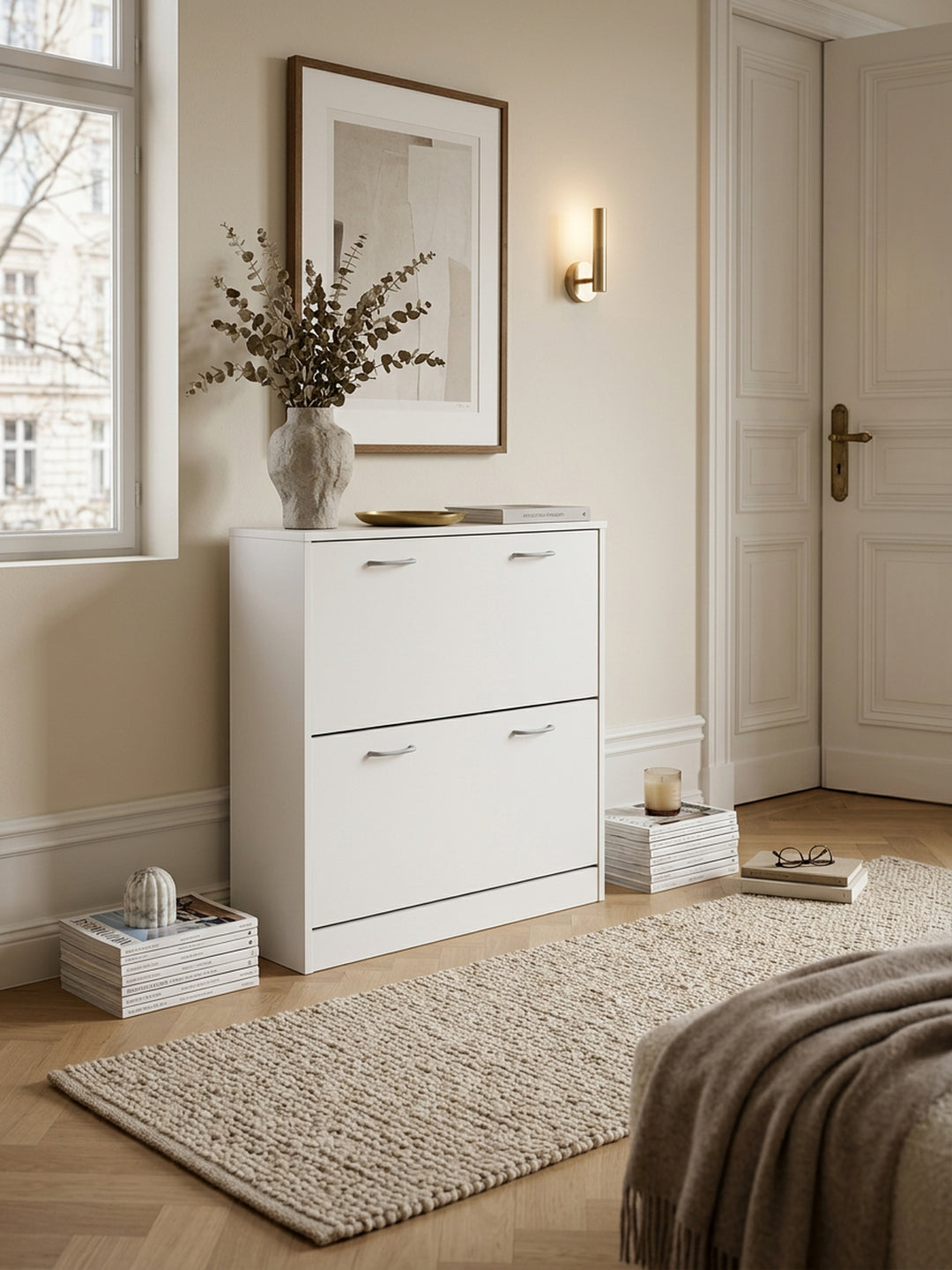 Schuhregal_ 20 Paar Schuhe_ Braun_ 4 Schuhfächer_ einfacher Aufbau_ Spanplatte und Kunststoff - KADIMA DESIGN_Farbe_ Weiß_ Größe_ 75x24x87 cm_