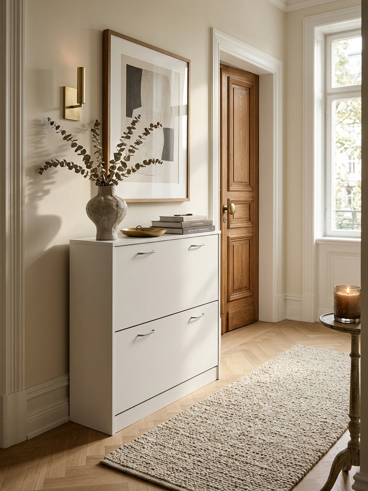 Schuhregal_ 20 Paar Schuhe_ Braun_ 4 Schuhfächer_ einfacher Aufbau_ Spanplatte und Kunststoff - KADIMA DESIGN_Farbe_ Weiß_ Größe_ 75x24x87 cm_