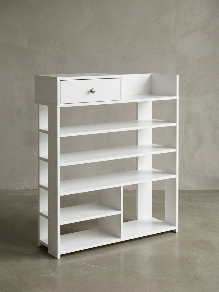 Seitenansicht des Flurregals. Das schmale Profil mit einer Tiefe von nur 24 cm wird betont, perfekt für platzsparende Organisation im Eingangsbereich oder der Diele._