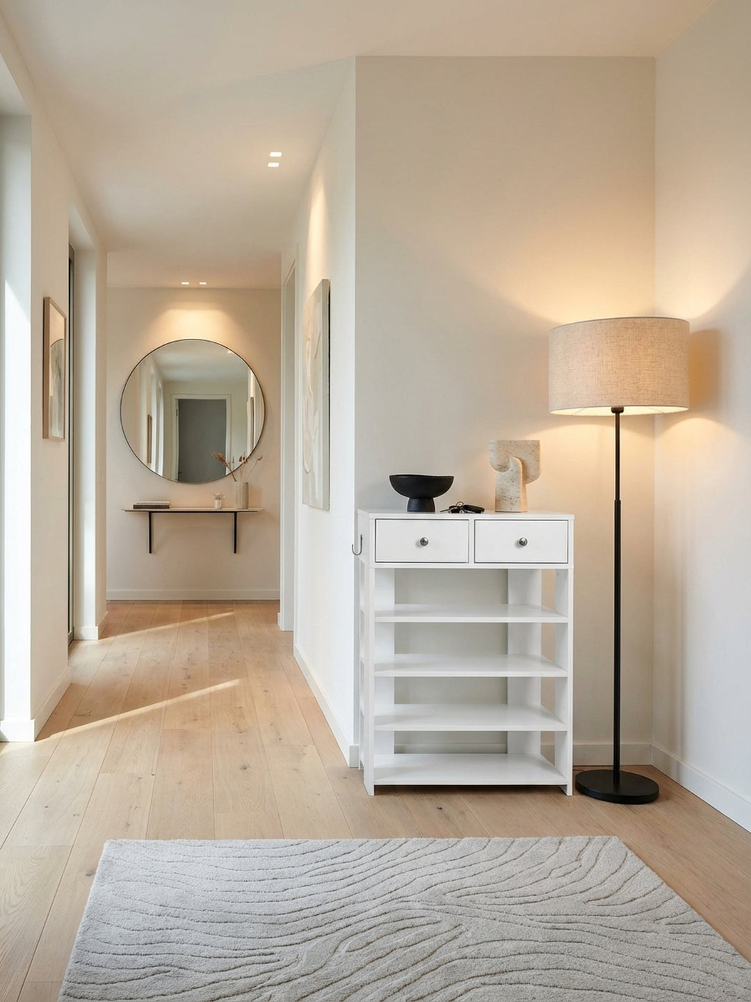 Modernes weißes Schuhregal mit Schubladen im Flur einer stilvollen Wohnung, kombiniert mit einem Holzboden und einer eleganten Vase mit Tulpen für einen einladenden Eingang._