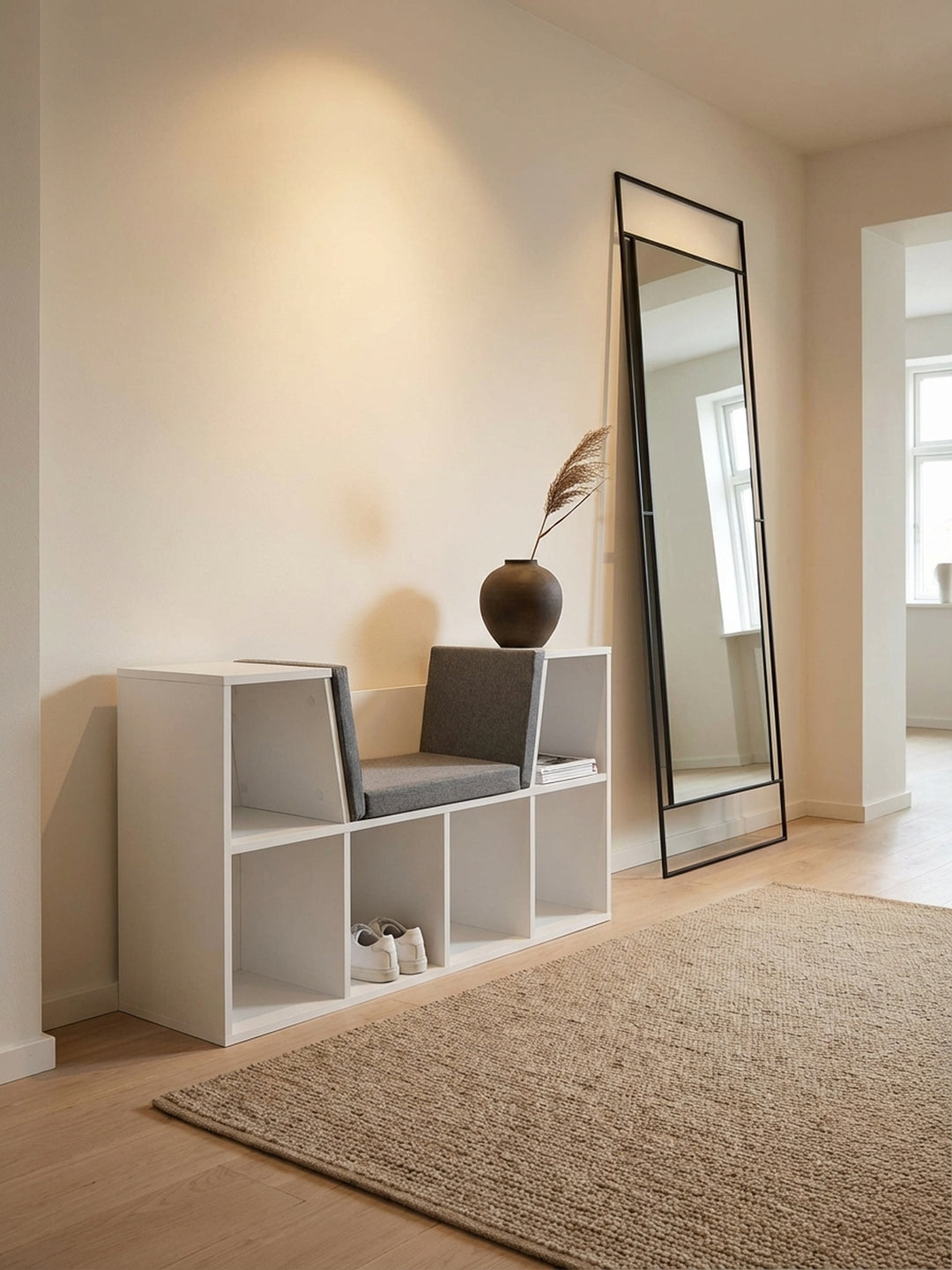 Weiße Design-Sitzbank mit grauer Polsterung im eleganten Eingangsbereich, genutzt als Schuhregal und Sitzplatz. Das Regal mit 6 Fächern bietet praktischen Stauraum._