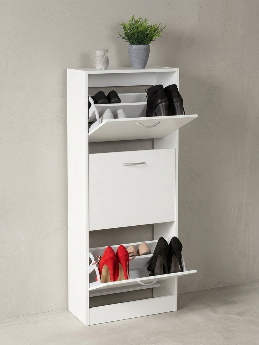 Schuhschrank aus natürlicher Eiche massiv auf neutralem Betonhintergrund Frontalansicht 50x24x125 cm_