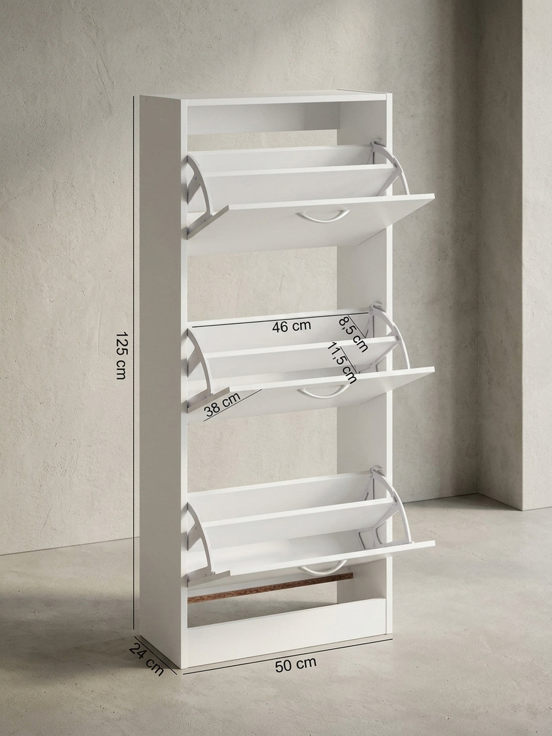Maßzeichnung Schuhschrank – Weiß, 3 Fächer, für ca. 18 Paar Schuhe, 50x125x24 cm