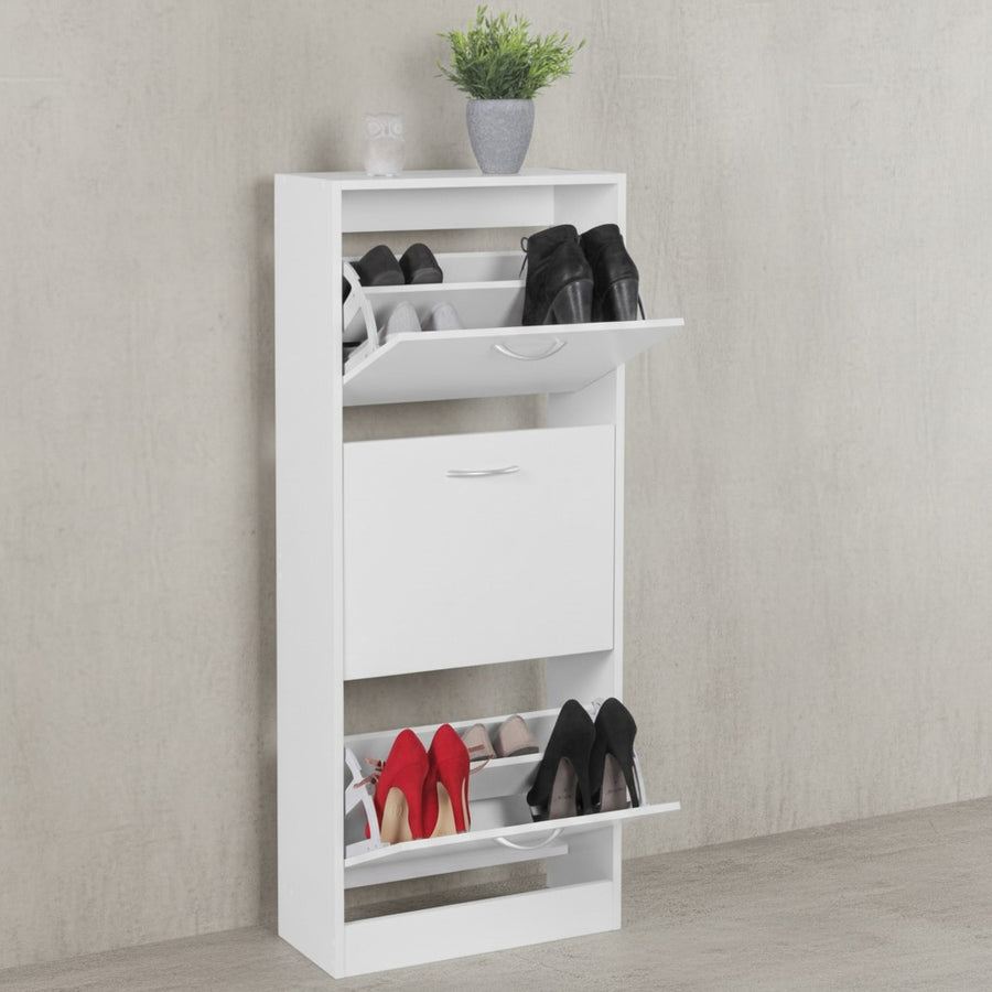 Schuhschrank 3 Fächer - 18 Paar Schuhe_ Weißes Design_ Integrierte Griffe_ 50 x 125 x 24 cm_ KADIMA DESIGN_Größe_ 50x24x125 cm_