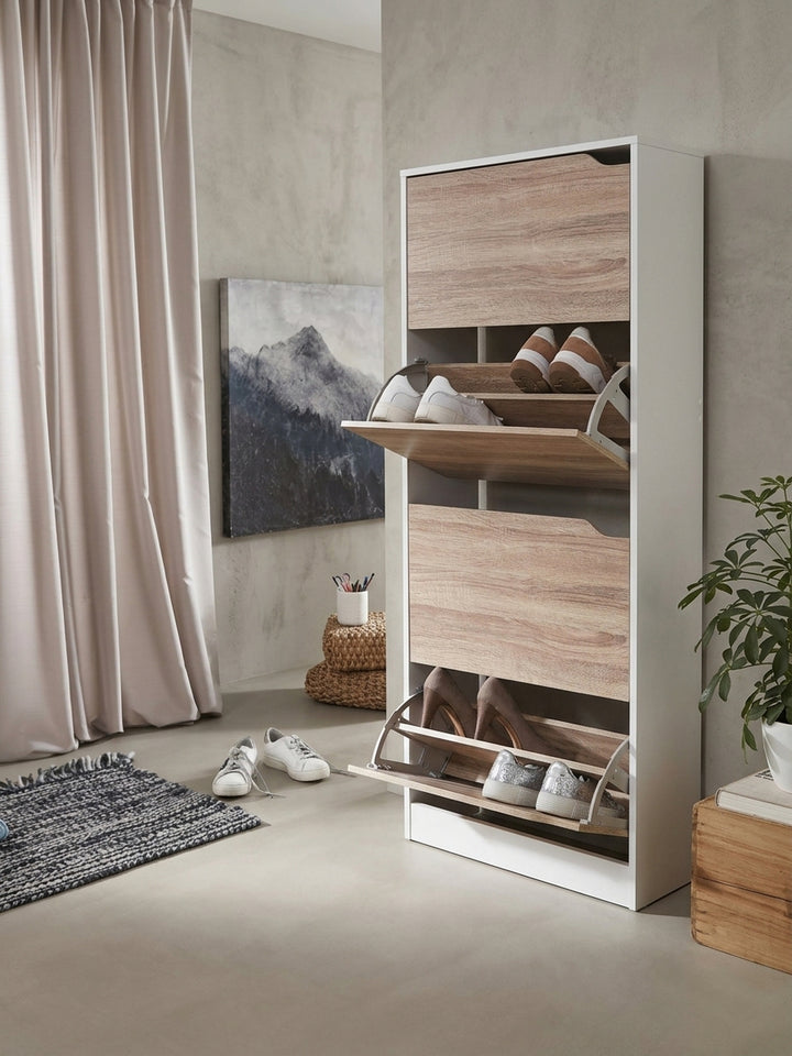 Schuhschrank Eiche Massivholz weiß Konstruktionsdetail Nahansicht der Verbindungen und Oberfläche 60x24x150 cm Studioaufnahme_