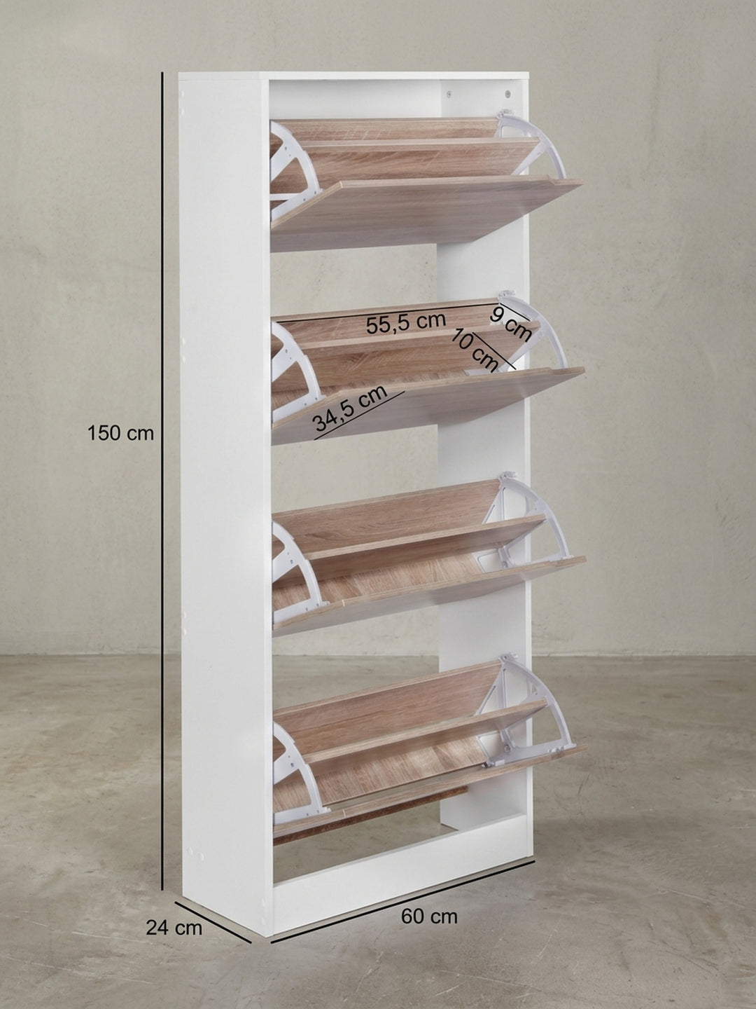Detailansicht Schuhschrank aus natürlicher Eiche massiv zeigt Verarbeitung und Materialqualität 60x24x150 cm_