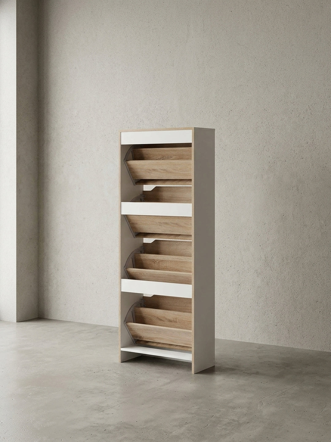 Maßzeichnung Schuhschrank Eiche Massivholz weiß mit Bemaßung 60x24x150 cm Höhe Breite Tiefe und Detailangaben zur Produktgeometrie_