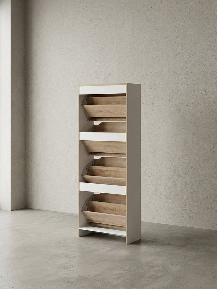 Maßzeichnung Schuhschrank Eiche Massivholz weiß mit Bemaßung 60x24x150 cm Höhe Breite Tiefe und Detailangaben zur Produktgeometrie_