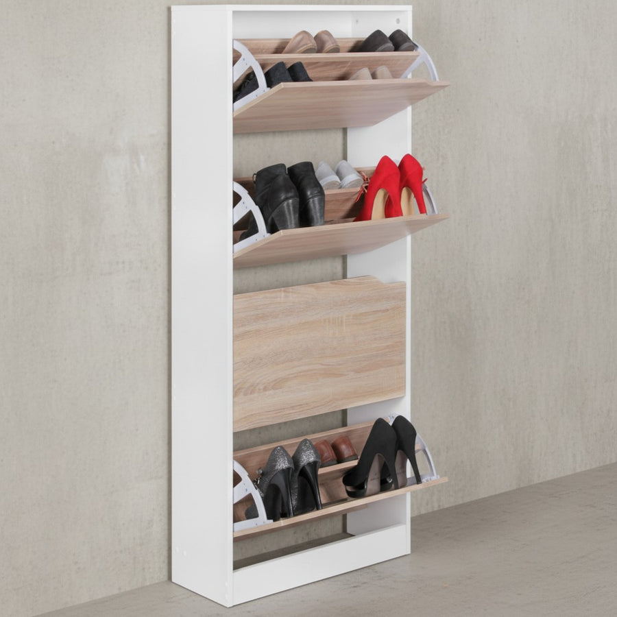 Schuhschrank 4 Fächer - 24 Paar Schuhe_ Weiß und Sonoma Eiche_ Robuste Spanplatte_ KADIMA DESIGN_Größe_ 60x24x150 cm_