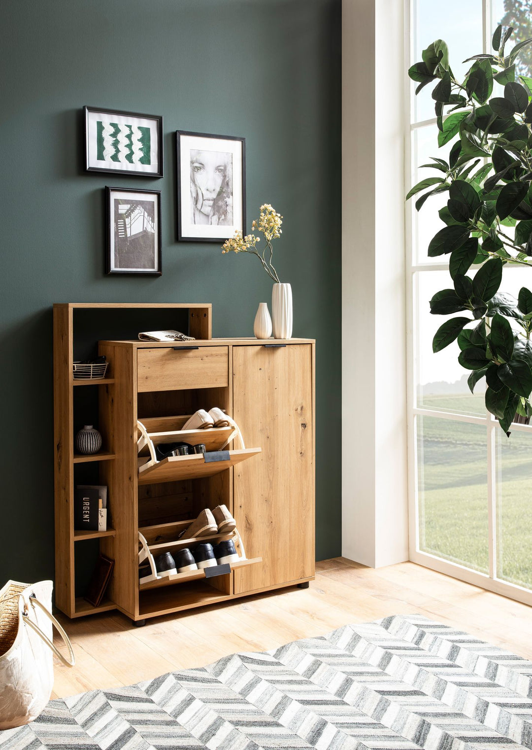 Schuhschrank – Eiche-Dekor, 98x110x30 cm, geschlossen, mit Schublade