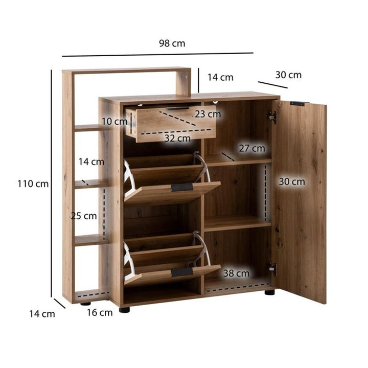 Schuhschrank – Eiche-Dekor, 98x110x30 cm, geschlossen, mit Schublade