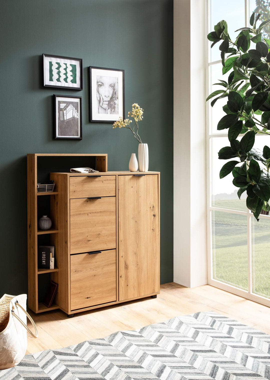 Schuhschrank Eiche-Dekor 98x110x30 cm Schuhkipper Geschlossen - Schuhkommode mit Schublade Modern - Flurschrank mit Regal und Ablage - Schuhaufbewahrung Flurkommode für Schuhe Hoch_