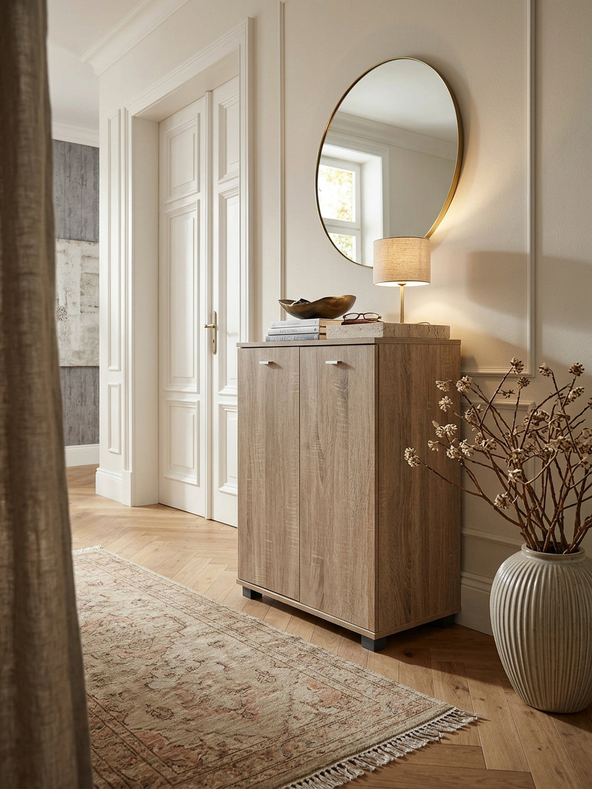 Schuhschrank-Kommode für bis zu 12 Paar Schuhe  2 Türen  3 Einlegeböden  in Buche  Weiß  Sonoma Eiche - KADIMA DESIGN Farbe  Beige  Größe  60x35x90 cm