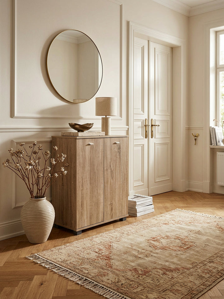 Schuhschrank-Kommode für bis zu 12 Paar Schuhe_ 2 Türen_ 3 Einlegeböden_ in Buche_ Weiß_ Sonoma Eiche - KADIMA DESIGN_Farbe_ Beige_ Größe_ 60x35x90 cm_