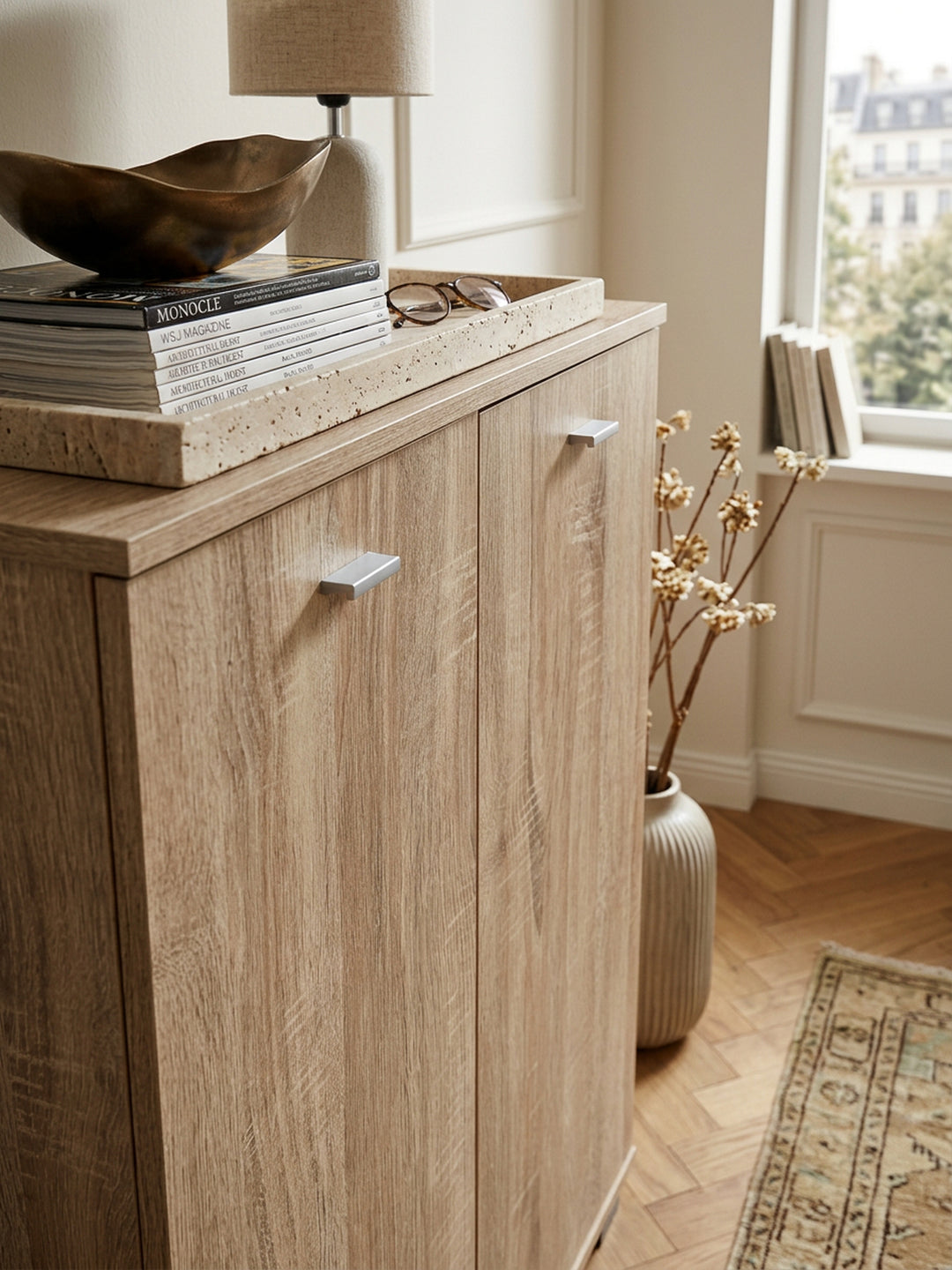 Schuhschrank-Kommode für bis zu 12 Paar Schuhe_ 2 Türen_ 3 Einlegeböden_ in Buche_ Weiß_ Sonoma Eiche - KADIMA DESIGN_Farbe_ Beige_ Größe_ 60x35x90 cm_