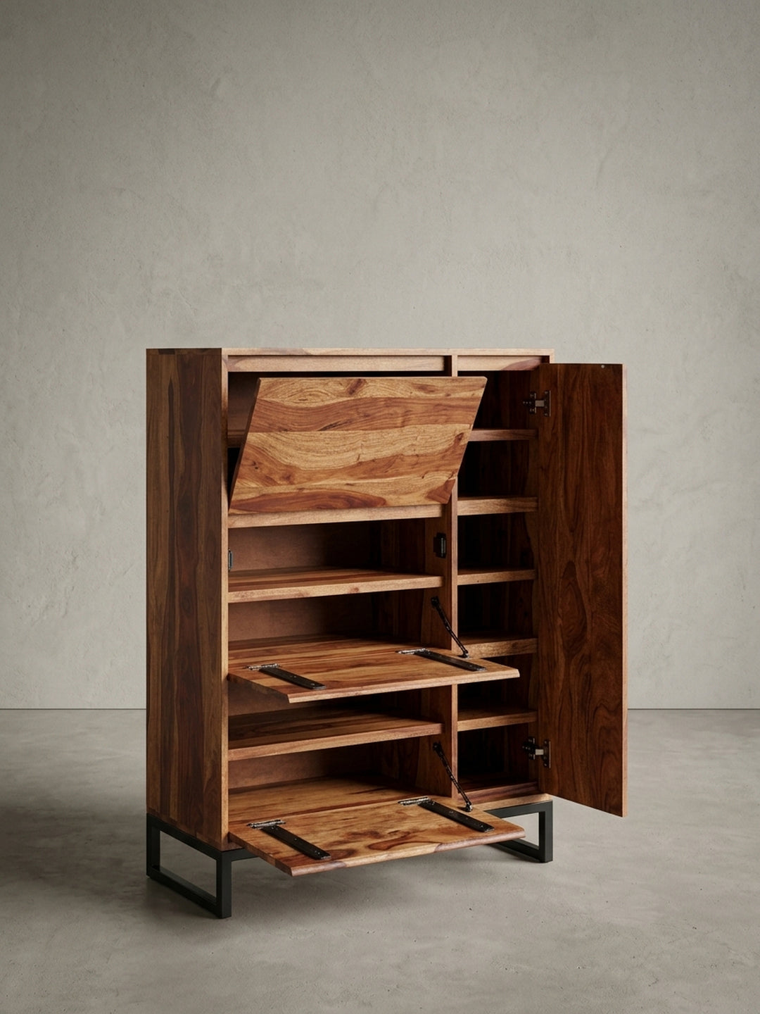 Geschlossener Schuhschrank aus echtem Sheesham-Holz, der die natürliche Schönheit des Materials und das minimalistische Design vereint._