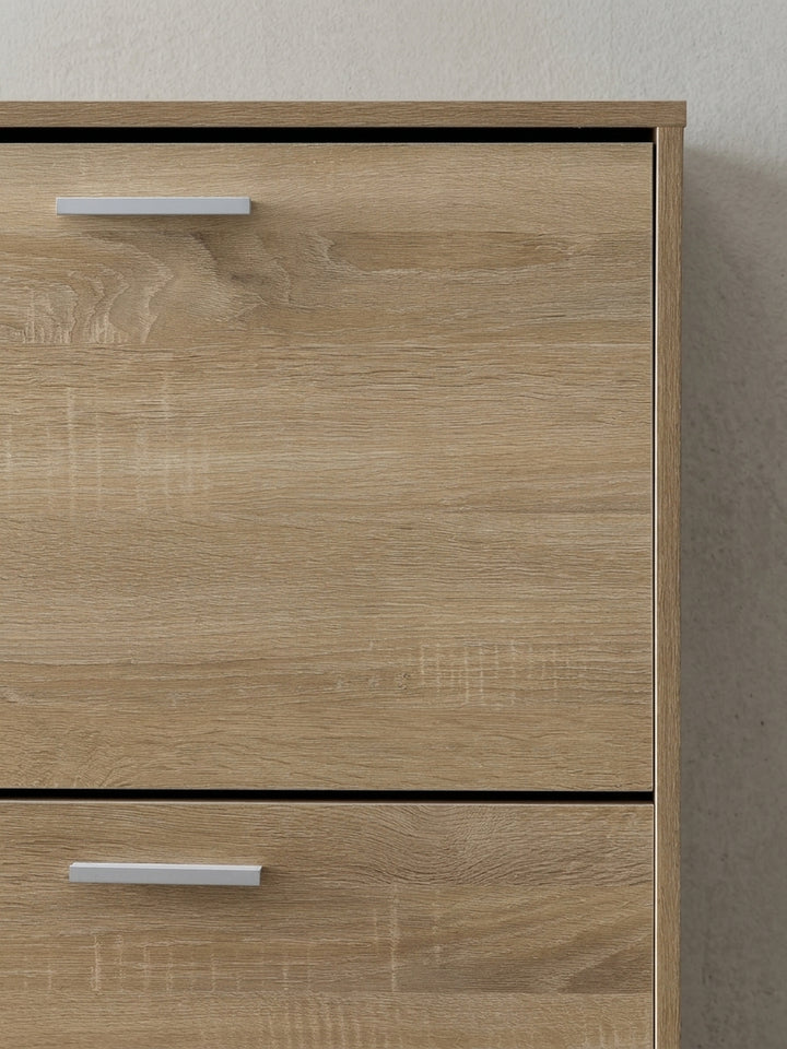 Gesamtansicht des funktionalen Design Schuhkippers. Der 120x81 cm große Flurschrank kombiniert praktischen Stauraum für Schuhe mit einer großzügigen Ablagefläche aus Holz._
