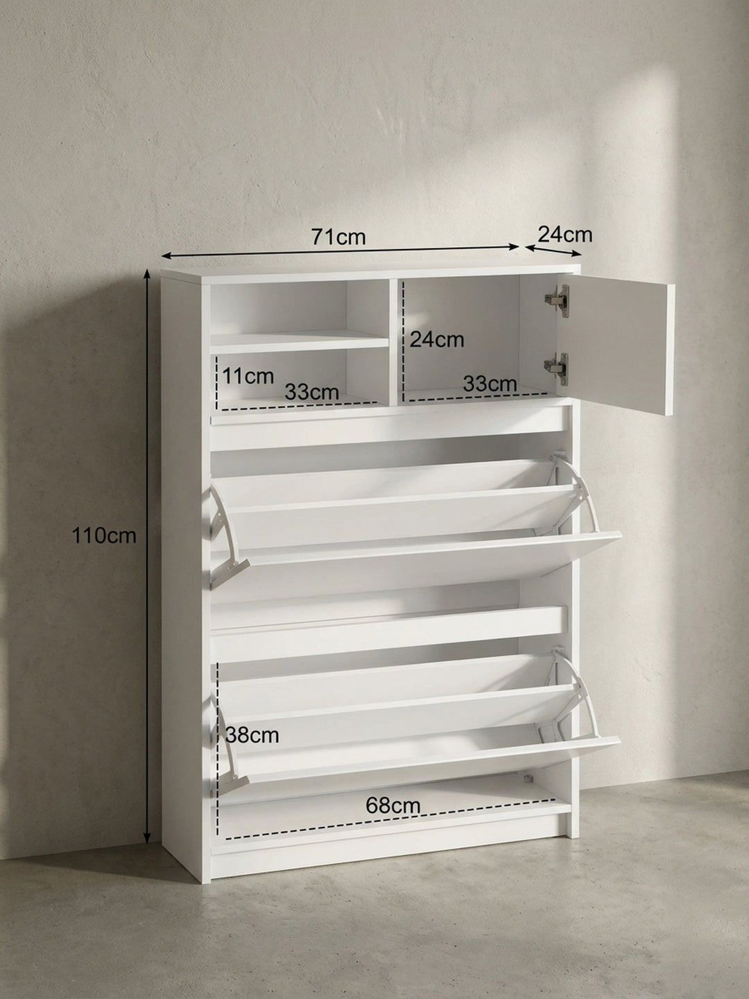 Technisches Bild des weißen Schuhschranks mit allen exakten Maßen: Höhe 110 cm, Breite 71 cm und Tiefe 24 cm für die präzise Raumplanung._