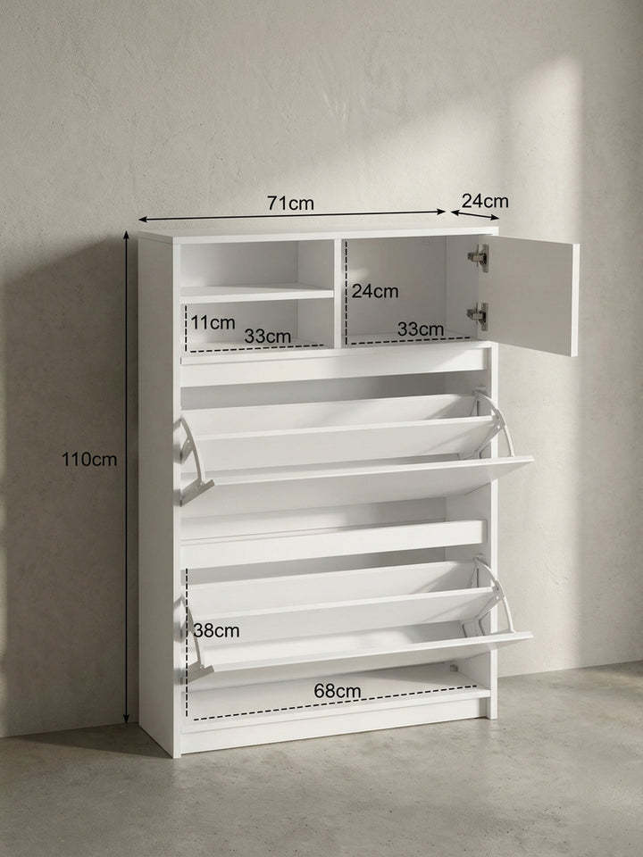 Technisches Bild des weißen Schuhschranks mit allen exakten Maßen: Höhe 110 cm, Breite 71 cm und Tiefe 24 cm für die präzise Raumplanung._