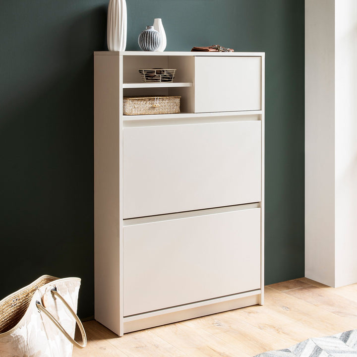 Schuhschrank – Weiß, 71x110x24 cm, Schuhkipper geschlossen, mit Ablage