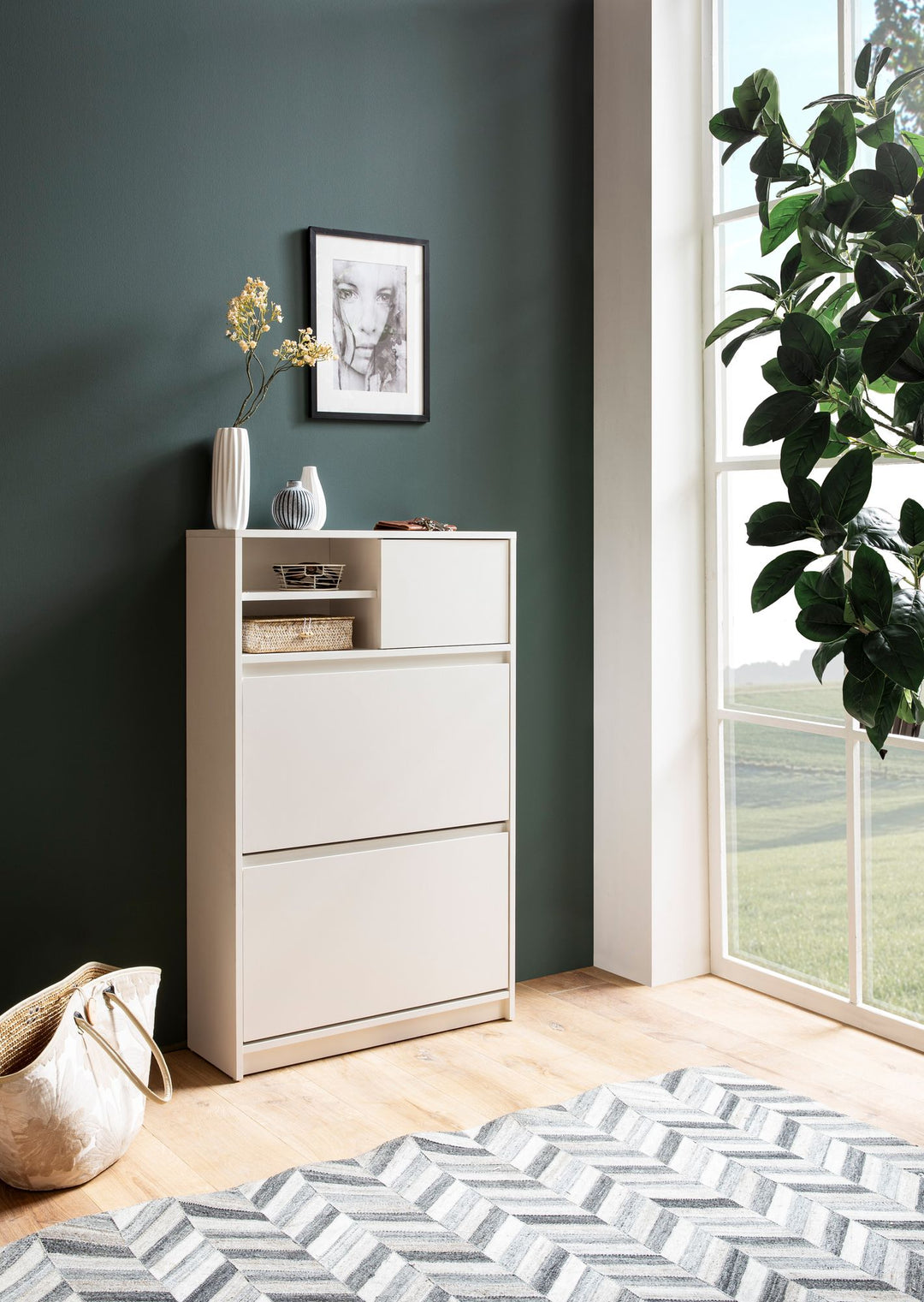 Schuhschrank – Weiß, 71x110x24 cm, Schuhkipper geschlossen, mit Ablage