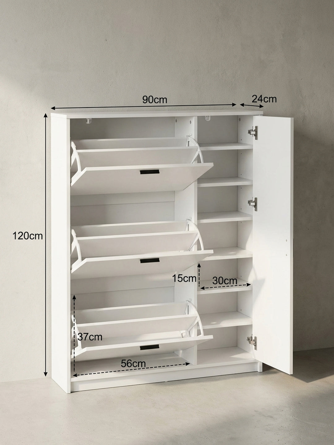 Technisches Datenblatt des Schuhschranks mit exakten Maßen: Höhe 120 cm, Breite 90 cm und Tiefe 24 cm, für die perfekte Raumplanung._