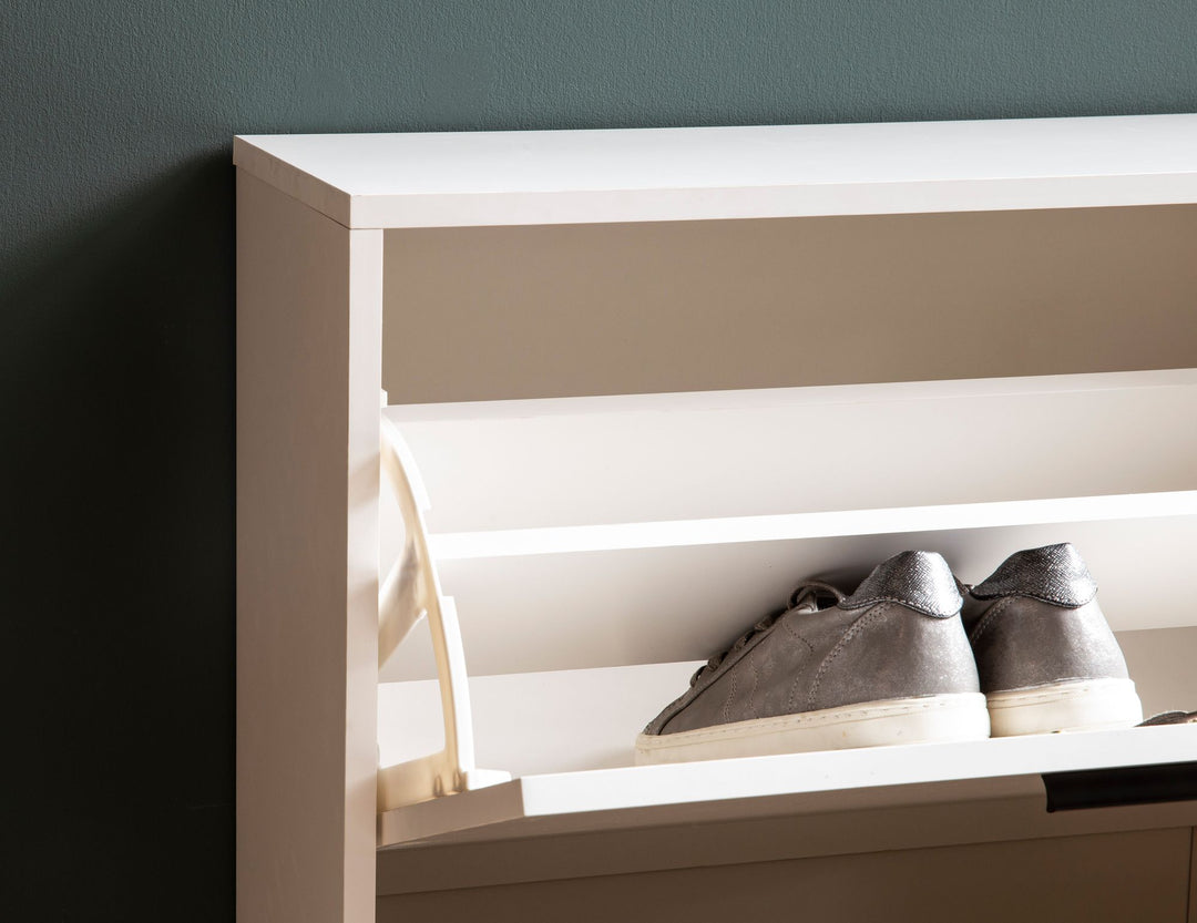 Schuhschrank – Weiß, 90x120x24 cm, Schuhkipper geschlossen, mit Ablage