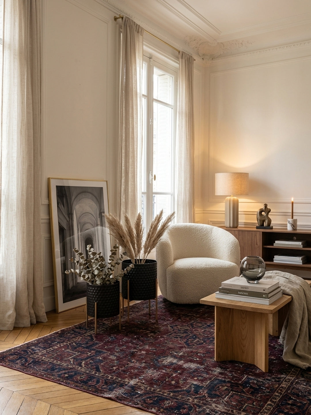 Zwei moderne Pflanzkübel in Schwarz und Gold mit Wabenmuster als eleganter Blickfang in einem lichtdurchfluteten Altbau-Wohnzimmer mit Fischgrätparkett und Stuckdecke._