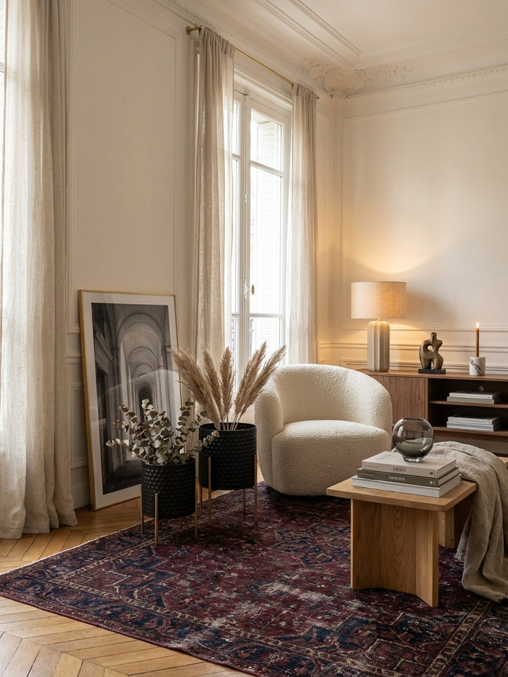 Zwei moderne Pflanzkübel in Schwarz und Gold mit Wabenmuster als eleganter Blickfang in einem lichtdurchfluteten Altbau-Wohnzimmer mit Fischgrätparkett und Stuckdecke._