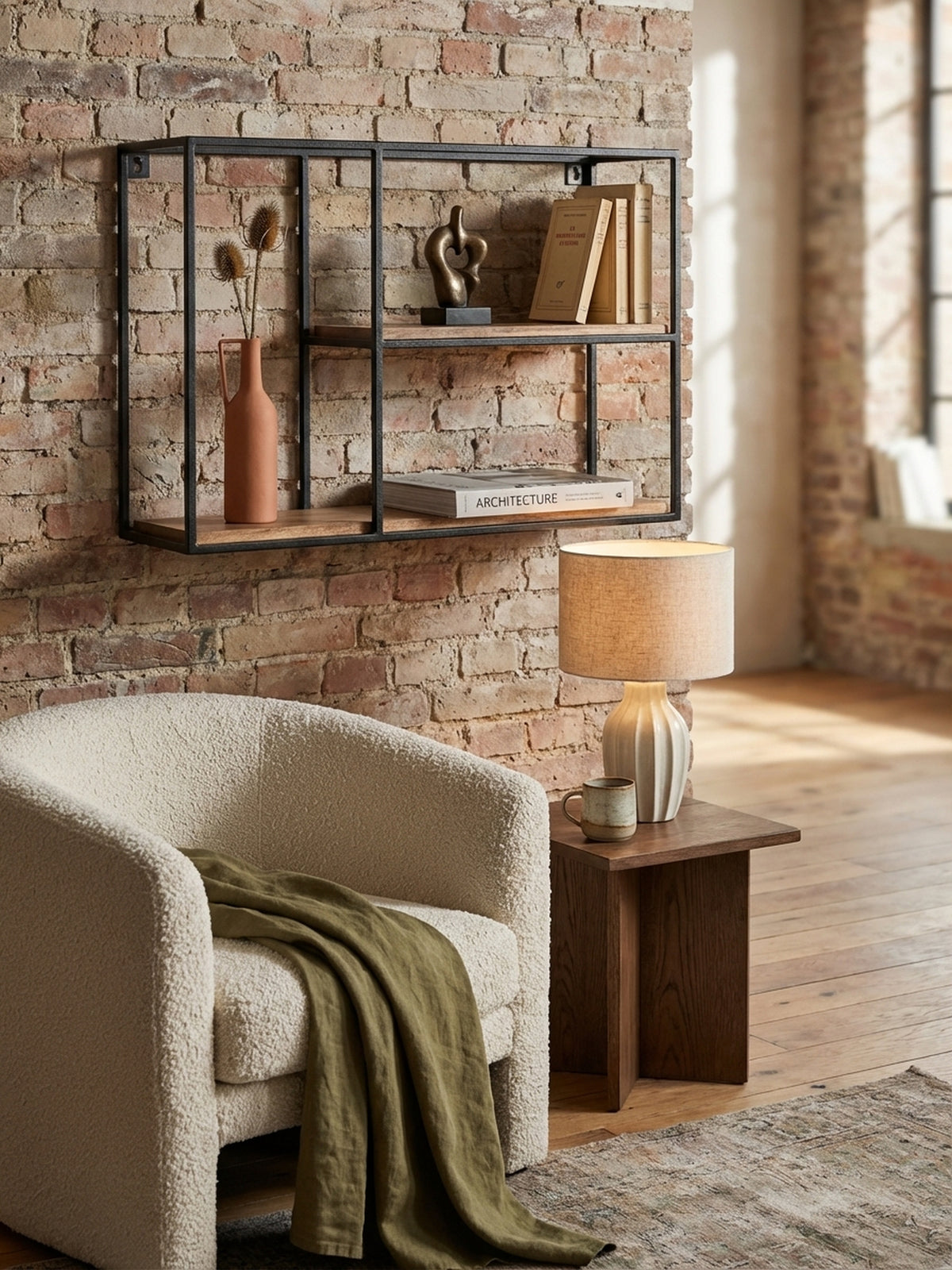 Ein Design-Schweberegal als Bühne für eine Keramikvase und Kunstbücher, das eine persönliche und gemütliche Atmosphäre im modernen Wohnzimmer schafft.