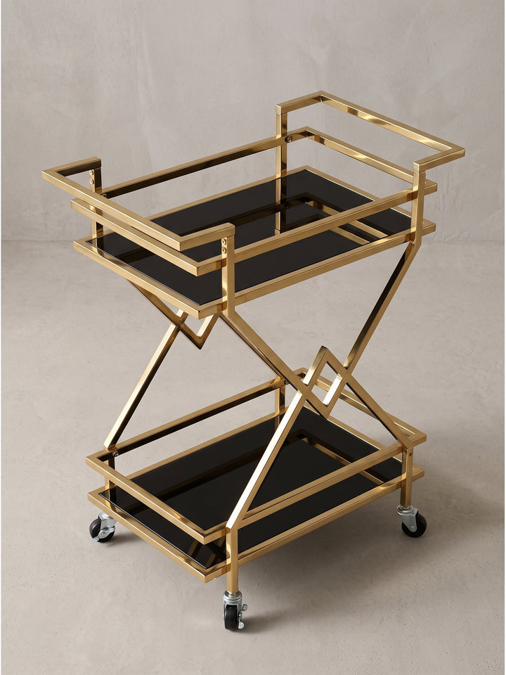 Zweistöckiger Barwagen 65x80x40 cm in der Dreiviertelansicht mit vier schwarzen Rollrädern auf weißem Hintergrund._