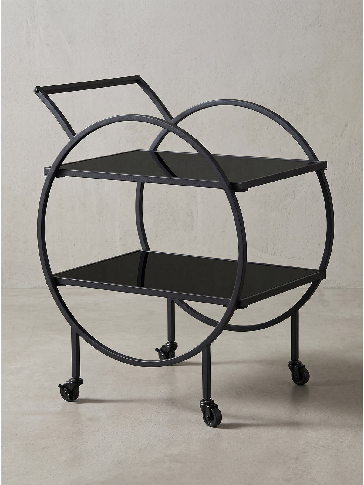 Runder Servierwagen 45x46x83 cm mit zwei Ablageflächen aus schwarzem Glas und einem dominanten Ringrahmen_