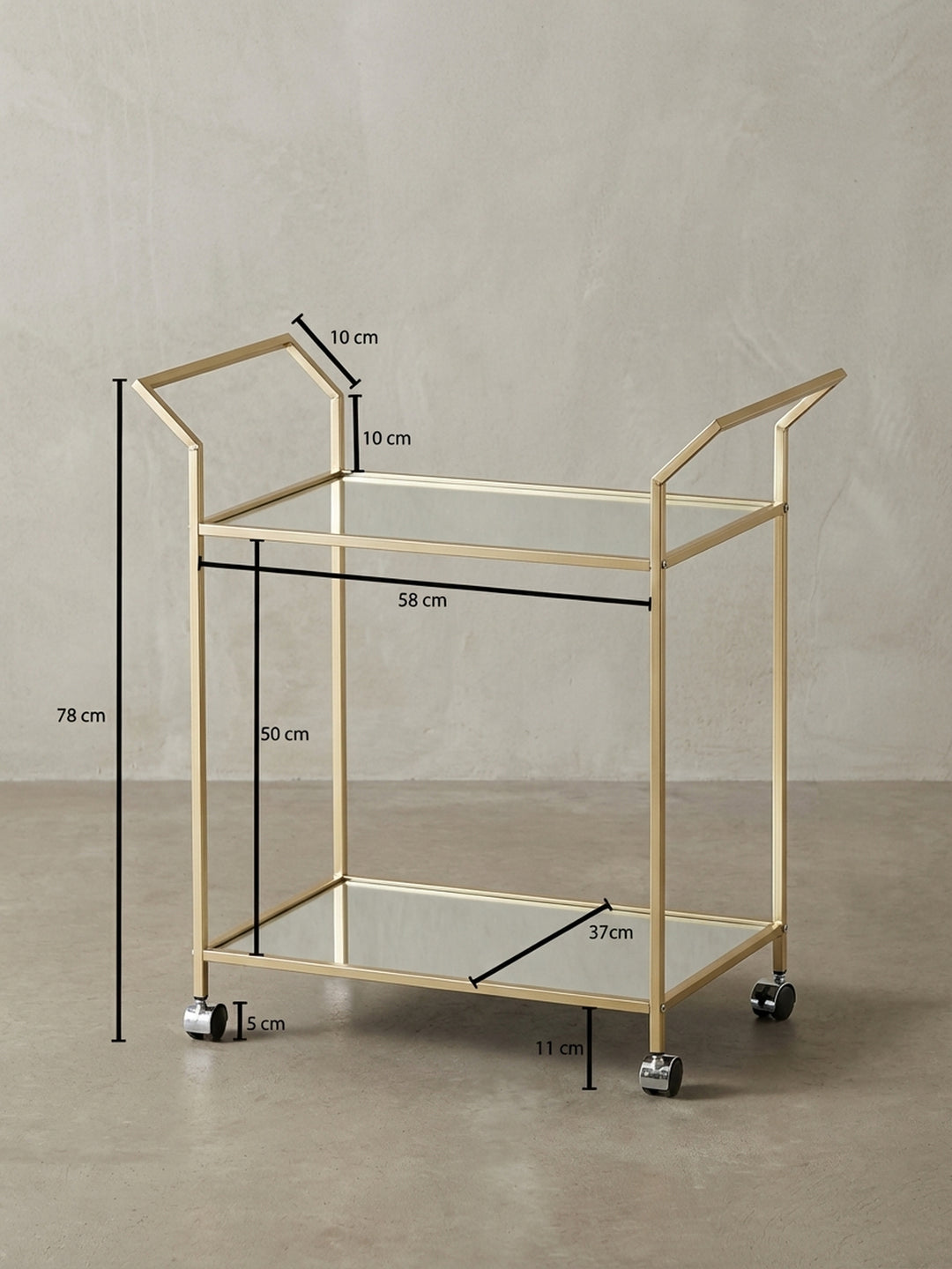 Technische Zeichnung des Servierwagens mit exakten Maßen: Höhe 78 cm, Breite 73 cm, Tiefe 37 cm, ideal zur Raumplanung._