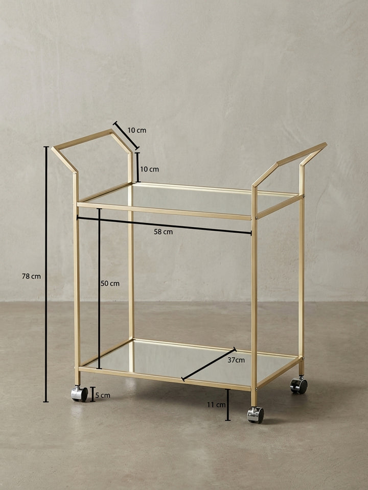 Technische Zeichnung des Servierwagens mit exakten Maßen: Höhe 78 cm, Breite 73 cm, Tiefe 37 cm, ideal zur Raumplanung._
