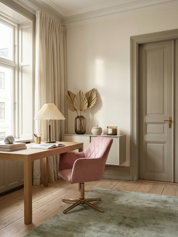 Eleganter Schreibtischstuhl in Rosa Samt mit Goldgestell in einem stilvollen Home-Office mit hellem Holzboden und einem weichen Teppich, der eine luxuriöse Atmosphäre schafft._