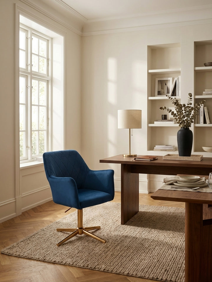 Draufsicht auf den blauen Samt-Drehstuhl im Home-Office. Die kompakten Maße (55x55 cm) des Stuhls passen perfekt in die elegante Büroeinrichtung mit Holzschreibtisch._
