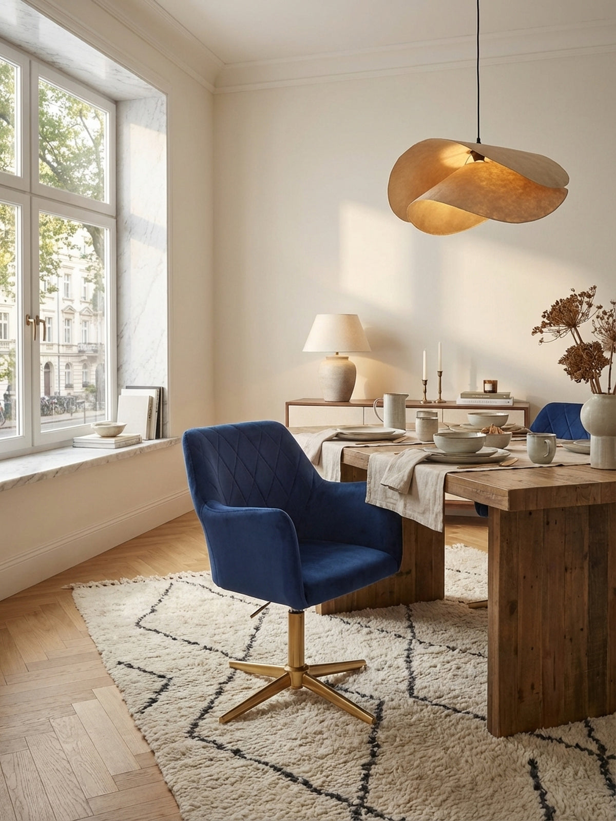 Moderner Schreibtischstuhl in Dunkelblau Samt mit goldenem Fuß in einem eleganten Home-Office. Der höhenverstellbare Drehstuhl steht an einem Holztisch auf einem hellen Teppich._