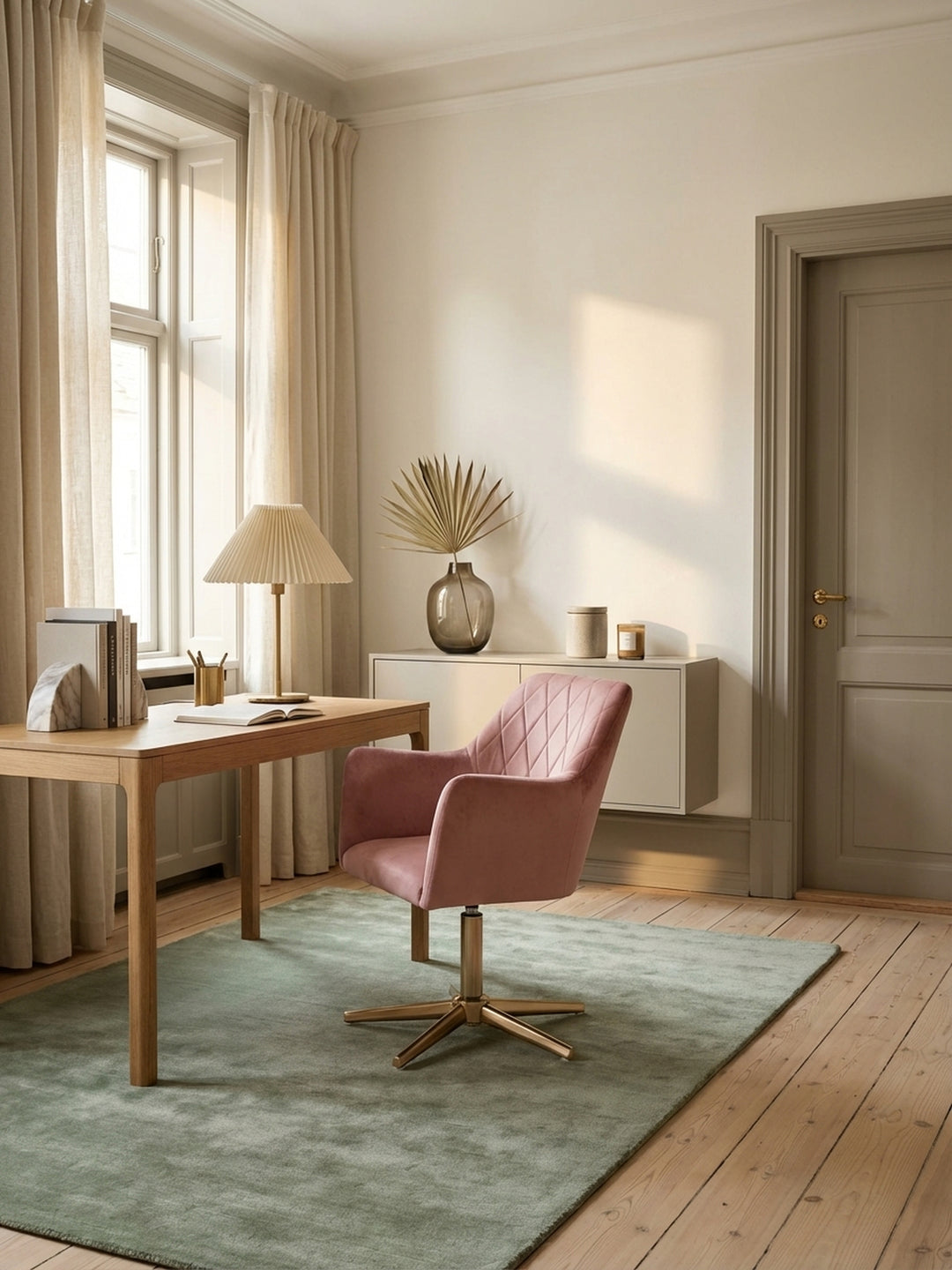 Draufsicht auf den höhenverstellbaren Drehstuhl in Rosa Samt, platziert an einem minimalistischen Schreibtisch, zeigt die harmonische Raumaufteilung im modernen Home-Office._