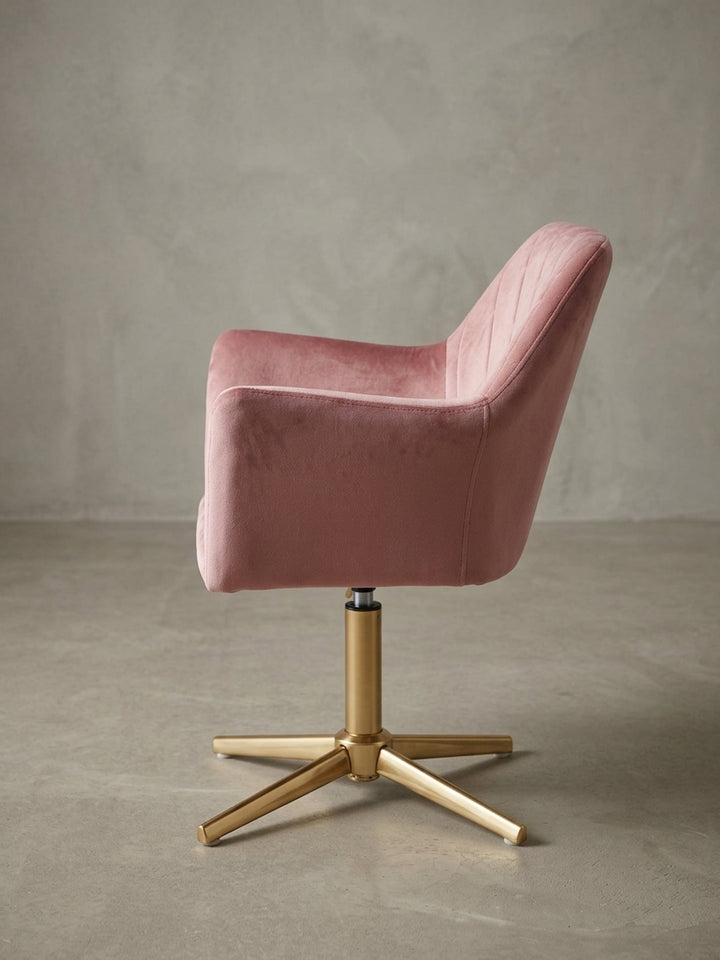 Seitenansicht des Arbeitsstuhls ohne Rollen, die seine schlanke Silhouette, das goldene Drehkreuz und die verstellbare Sitzhöhe von 35-52 cm verdeutlicht._