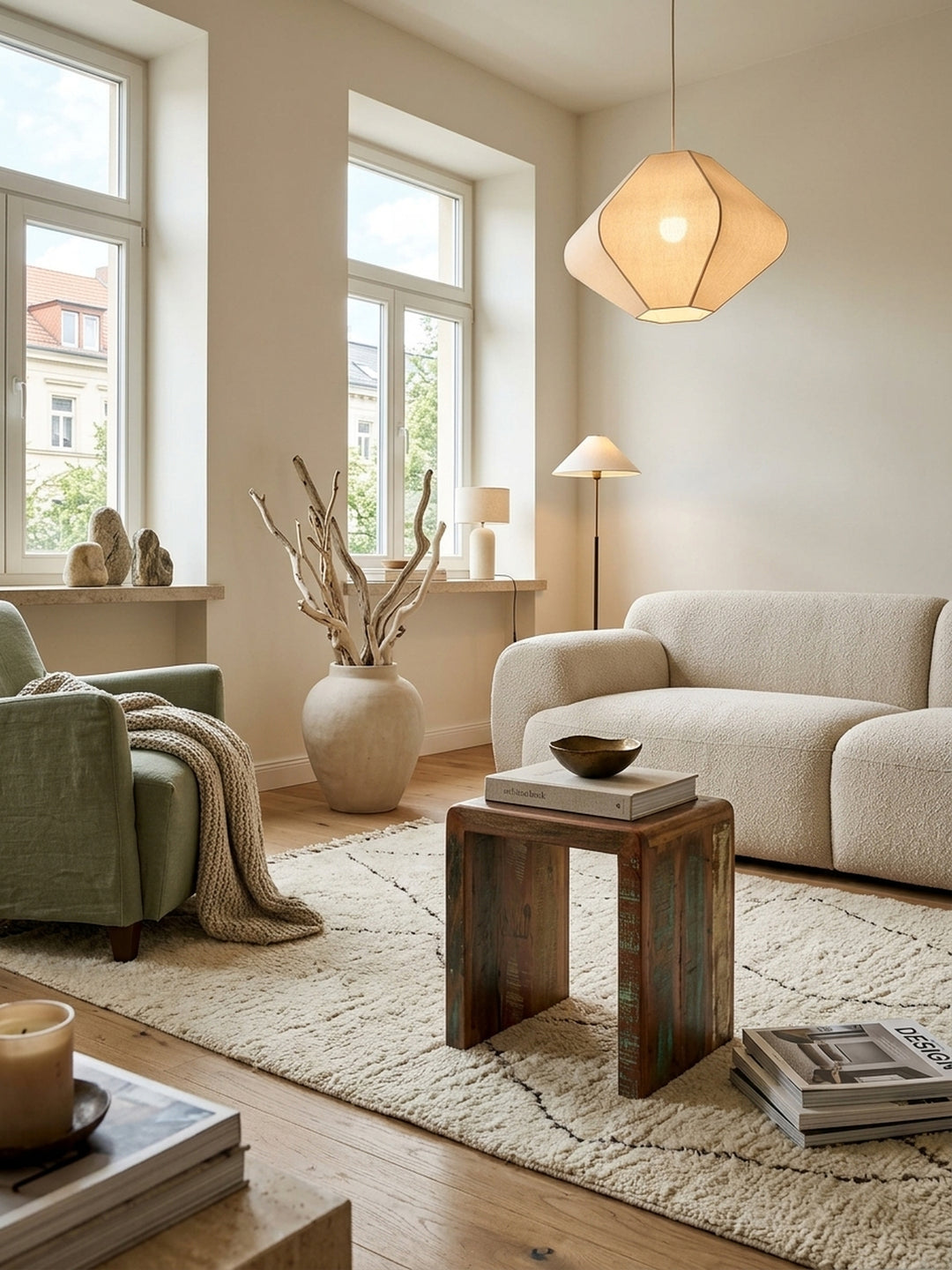 Organisch-modernes Wohnzimmer mit dem Massivholz Beistelltisch in U-Form. Das recycelte Mangoholz mit Farbakzenten steht als rustikaler Kontrast auf einem cremefarbenen Teppich._