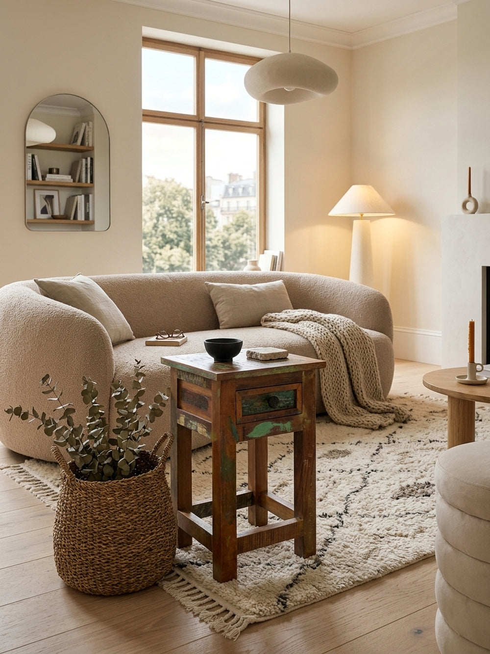 Rustikaler Beistelltisch aus recyceltem Massivholz im eleganten Wohnzimmer neben einem hellen Leinensofa, Shabby-Chic Design als stilvoller Kontrast im modernen Interieur._