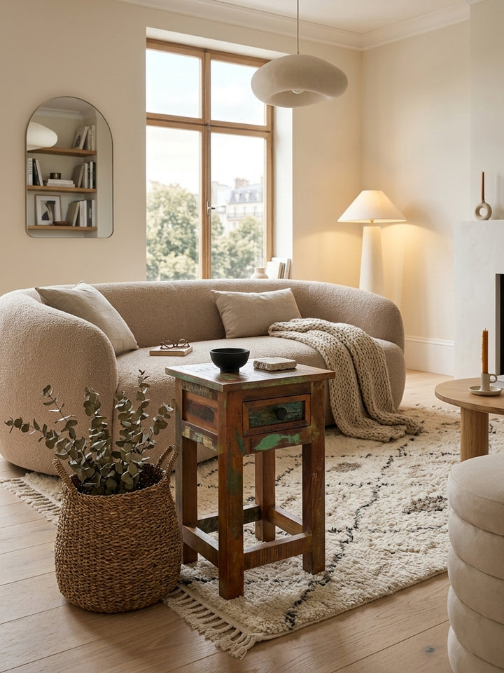 Rustikaler Beistelltisch aus recyceltem Massivholz im eleganten Wohnzimmer neben einem hellen Leinensofa, Shabby-Chic Design als stilvoller Kontrast im modernen Interieur._