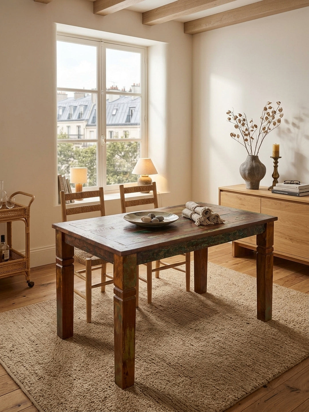 Draufsicht auf den rustikalen Holztisch für das Esszimmer, der durch seine bunte Maserung besticht. Der rechteckige 120x70cm Massivholztisch harmoniert perfekt mit dem Wollteppich._