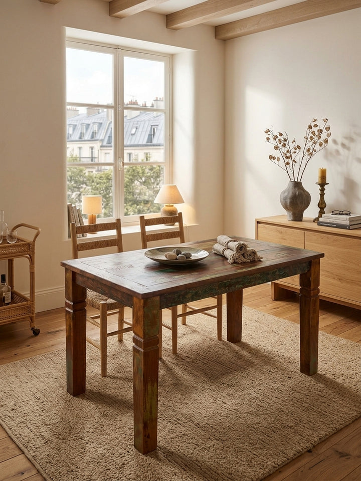 Draufsicht auf den rustikalen Holztisch für das Esszimmer, der durch seine bunte Maserung besticht. Der rechteckige 120x70cm Massivholztisch harmoniert perfekt mit dem Wollteppich._