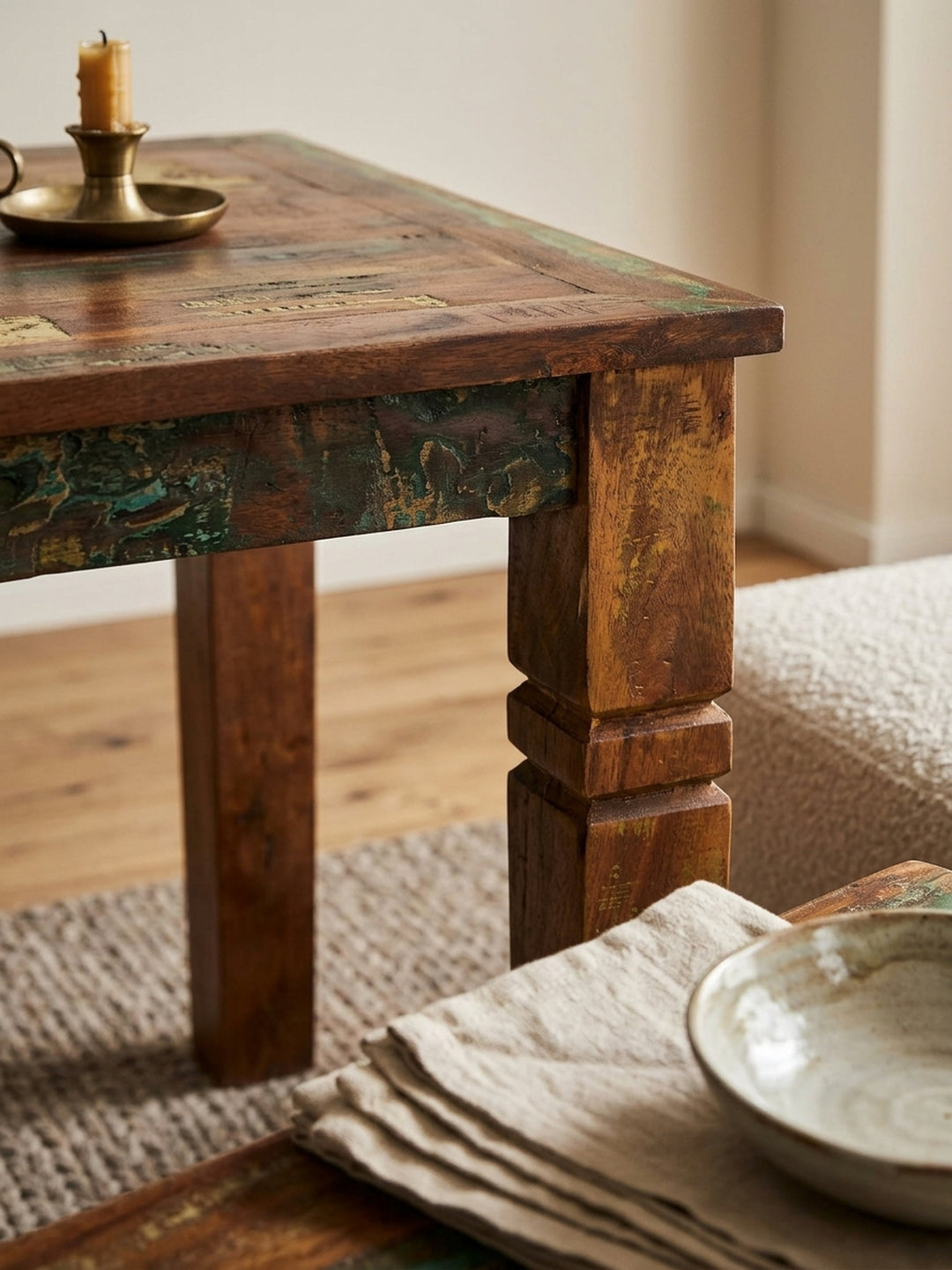 Nahaufnahme der faszinierenden Bootsholz Oberfläche des Mango Massivholz Tisches. Die einzigartige Shabby Chic Textur mit Farbresten in Grün und Blau macht jeden Esstisch zum Unikat._